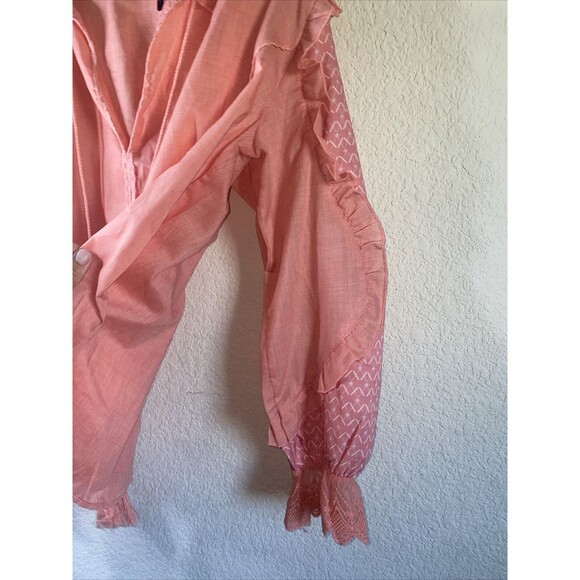 NEW western fairy blouse Boho Balloon Sleeve Lace M Coral Ruffle vneck tassel - Picture 7 of 9